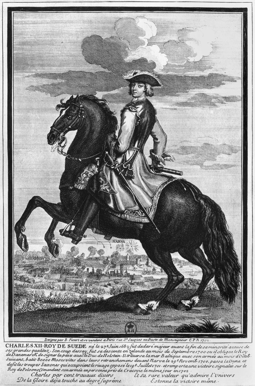 Re Carlo XII (1682-1718) di Svezia, a cavallo, 1702 da Bernard Picart