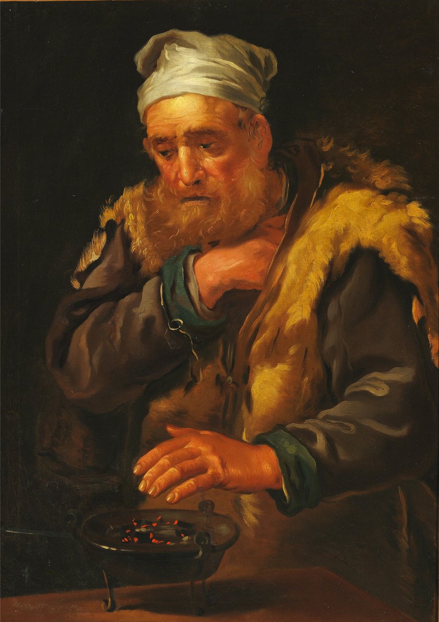 Interno con un vecchio che si scalda le mani su un braciere da Bernhard Keil