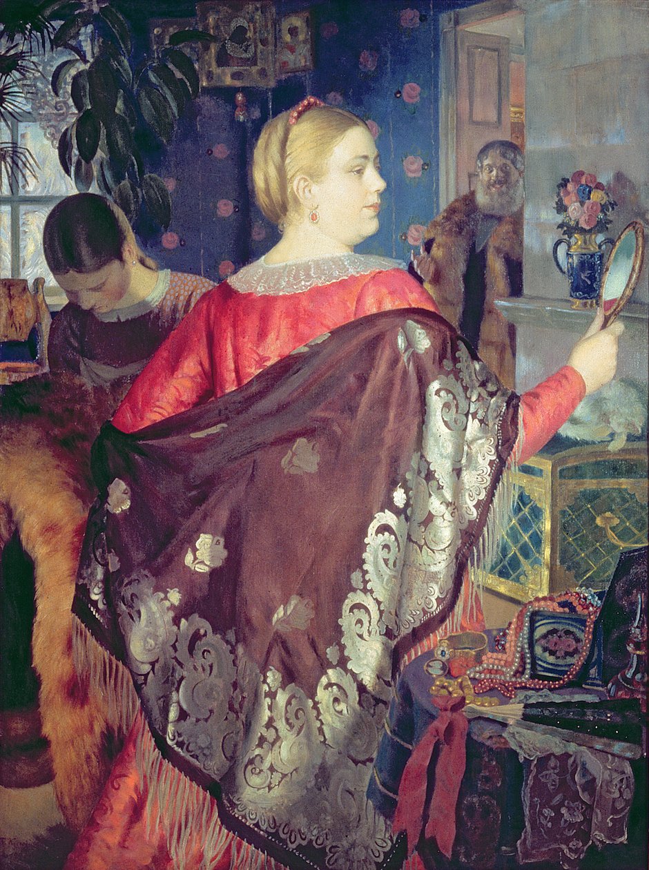 Donna del mercante con uno specchio da Boris Mikhailovich Kustodiev