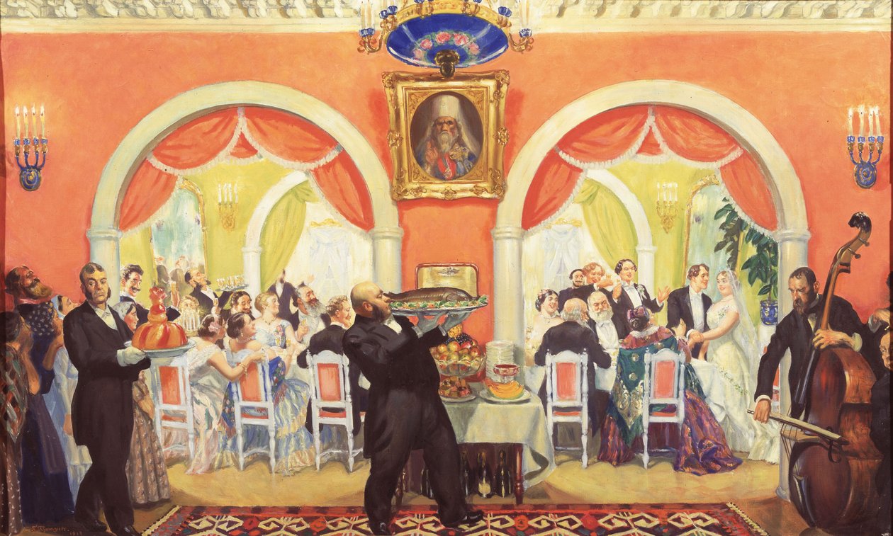 Il banchetto di nozze, 1917 da Boris Mikhailovich Kustodiev