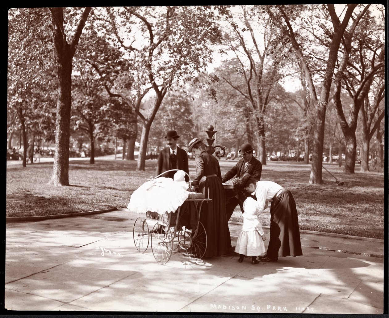 Uomini e donne con bambini a una fontana nel Madison Square Park, New York, 1898 (stampa al gelatino d