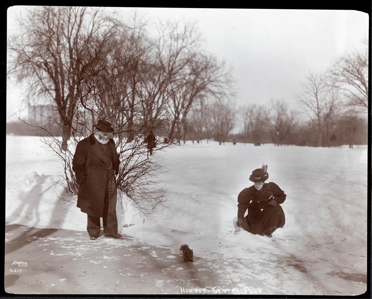 Vista di una donna che nutre uno scoiattolo mentre un uomo osserva nella neve a Central Park, New York, 1898 da Byron Company