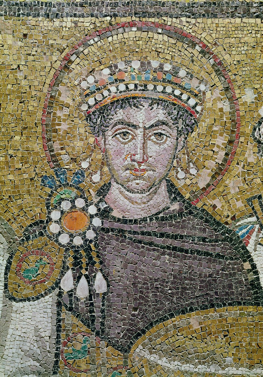 Imperatore Giustiniano I (483-565) c.547 d.C. (mosaico) (dettaglio) da Byzantine School