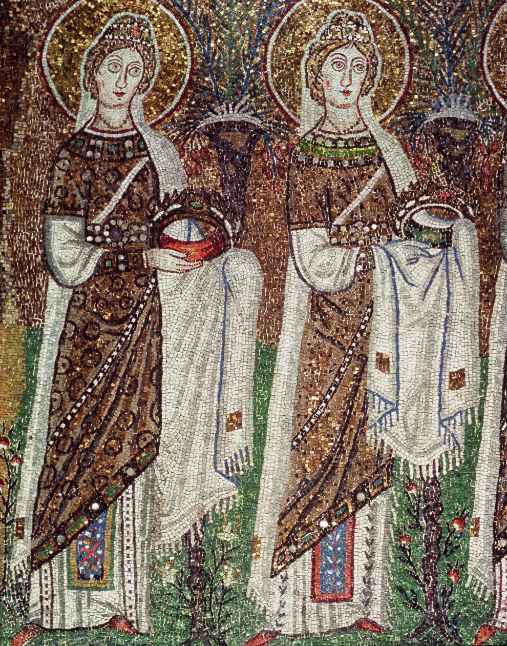 Processione delle Vergini Martiri, 527-99 (mosaico) (dettaglio) da Byzantine School