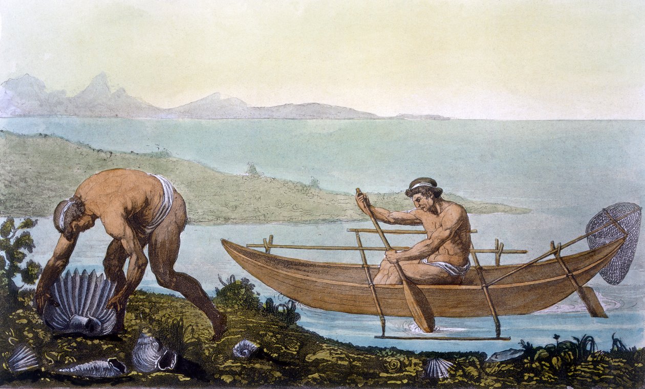 Pescatore in una canoa e uomo che raccoglie conchiglie giganti, Isola di Ubi, da 