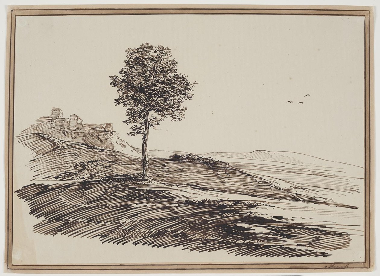 Paesaggio montano con alberi, case sullo sfondo da C.F. von Rumohr