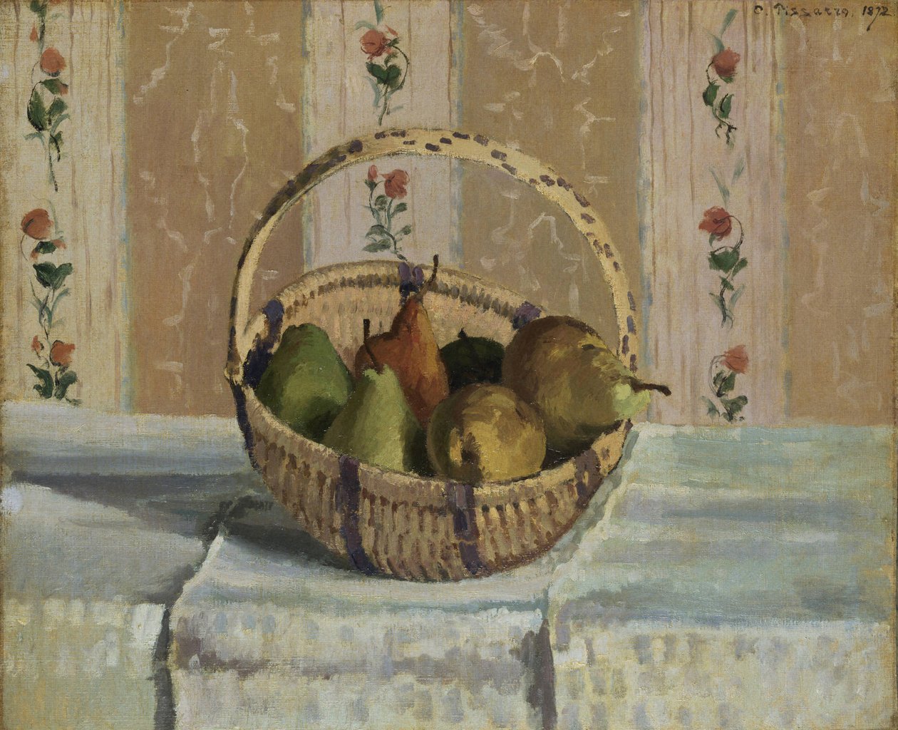 Mele e pere in un cesto rotondo da Camille Jacob Pissarro