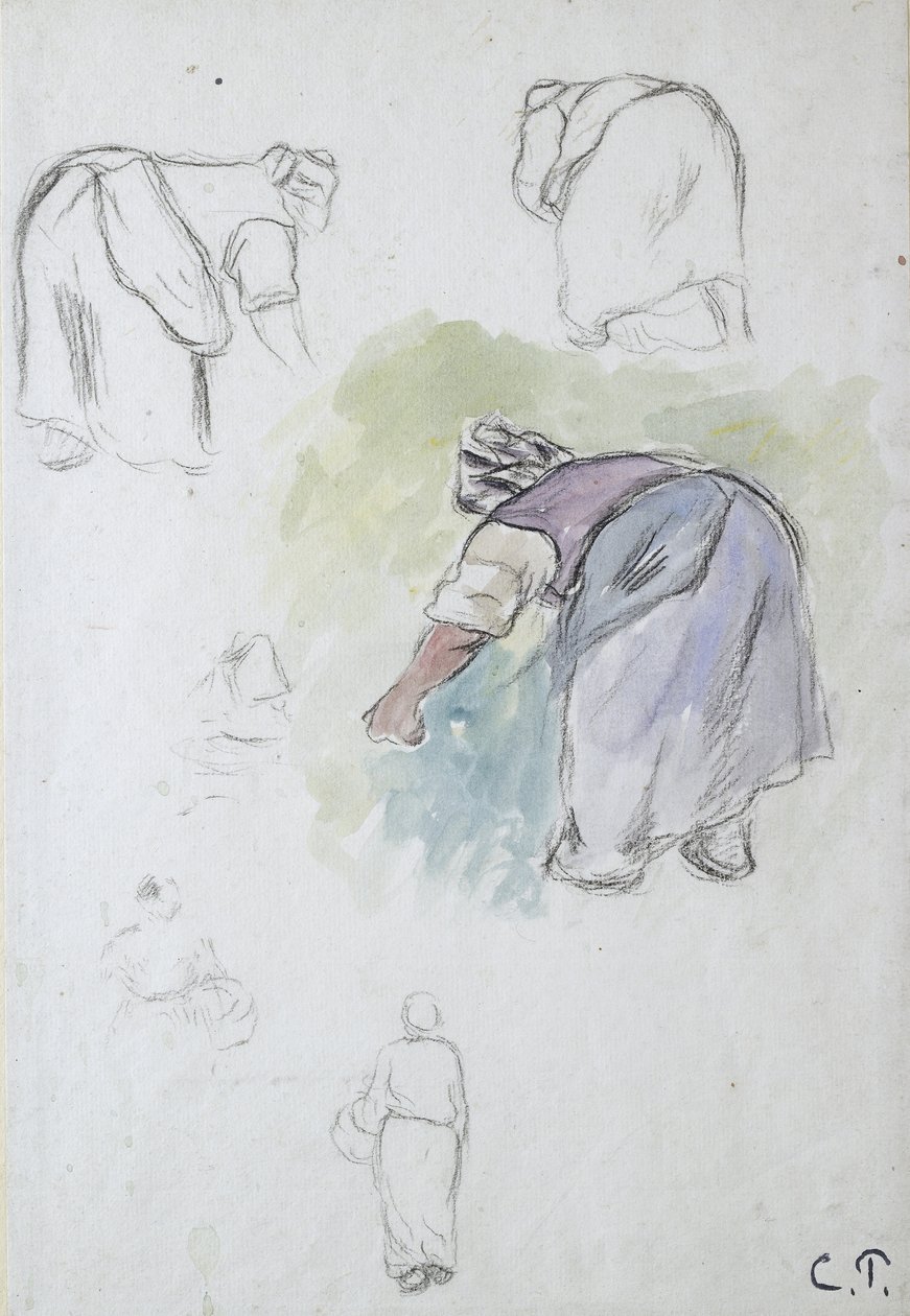 Foglio di studi: quattro studi di una contadina che si piega e due studi di una donna che tiene un cesto vista di fronte e di schiena rispettivamente, 1874 da Camille Jacob Pissarro