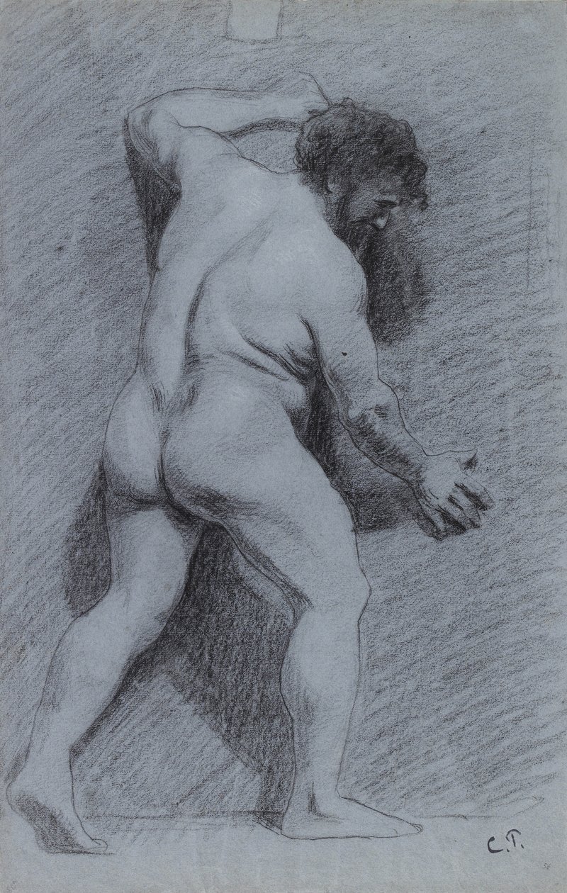 Studio di un nudo maschile in posa contro un muro, visto di profilo, rivolto a destra da Camille Jacob Pissarro