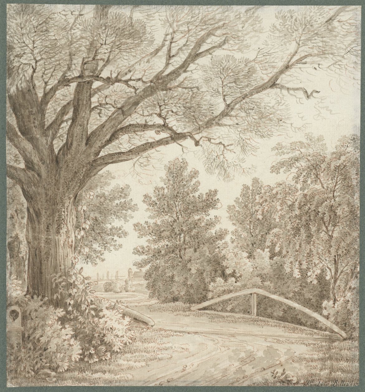 Strada di campagna su un semplice ponte vicino a un grande albero da Cantius Dillis