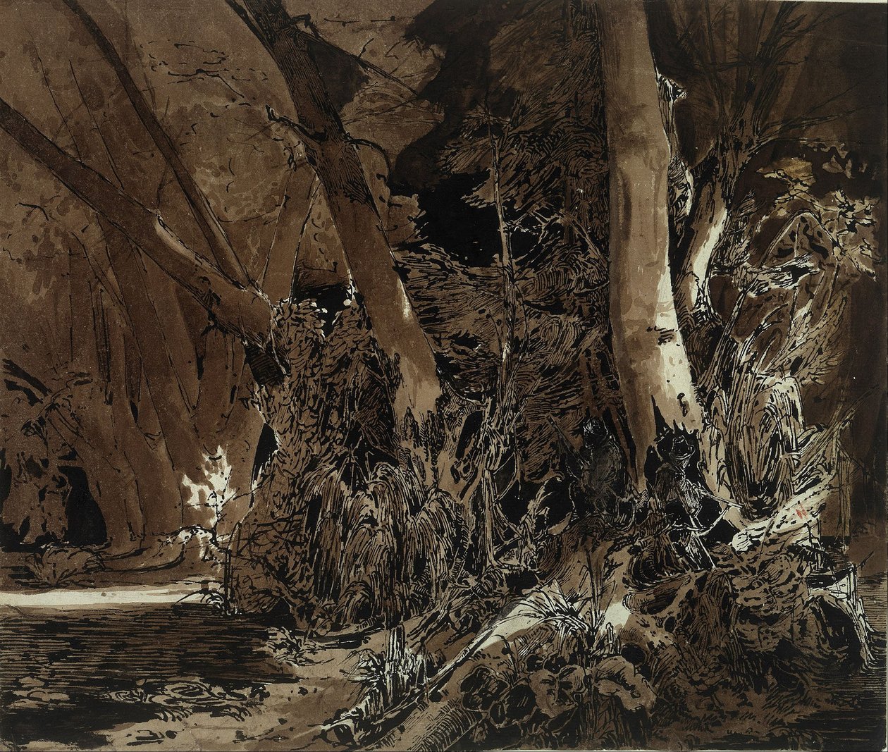 Paesaggio forestale con acqua corrente e due cacciatori da Carl Blechen