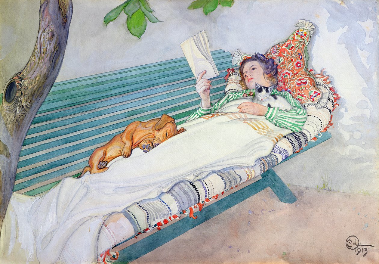 Donna sdraiata su una panchina, 1913 da Carl Larsson