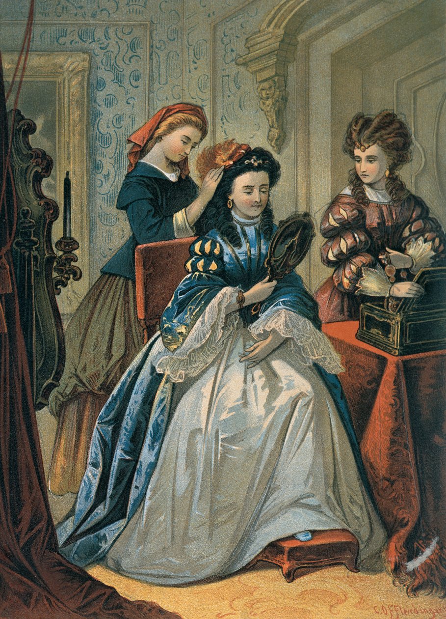 Cenerentola che fa i capelli alle sue sorelle per il ballo, illustrazione per 