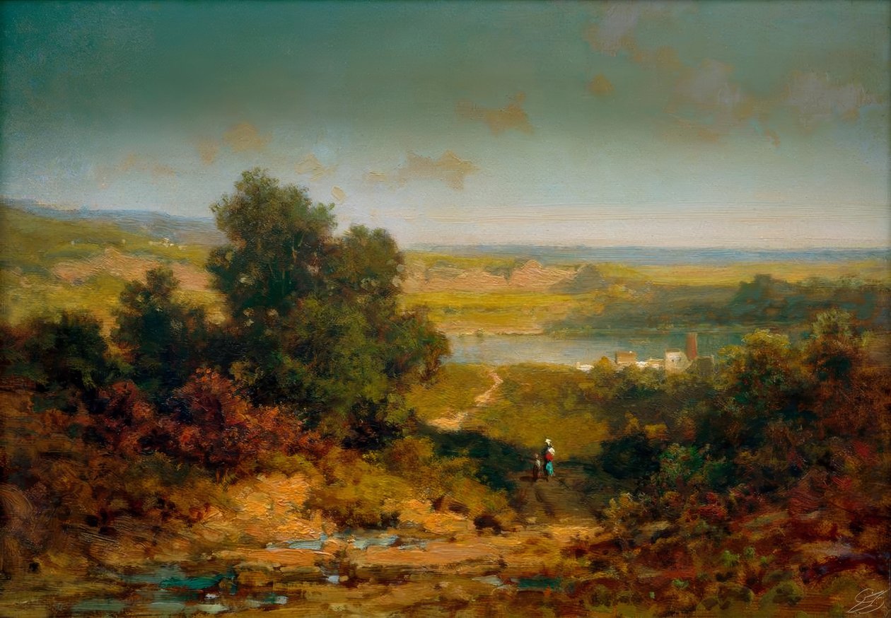 Paesaggio con villaggio e fiume da Carl Spitzweg
