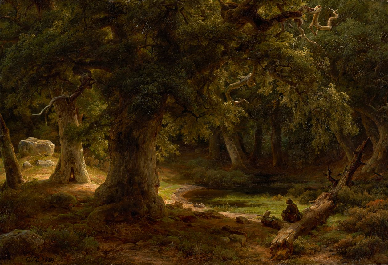 Bosco di querce con cacciatore a riposo da Carl Friedrich Lessing