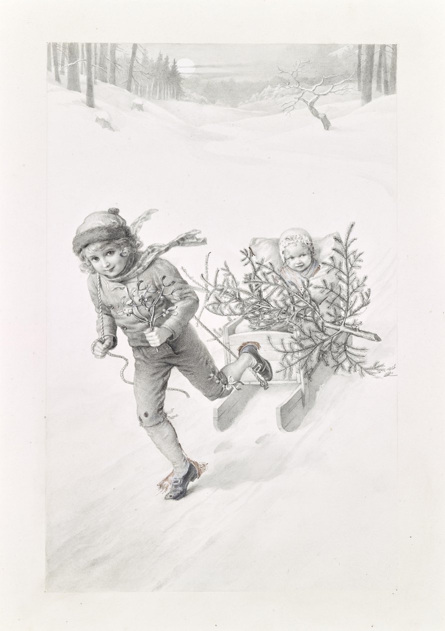 Due bambini in viaggio in un paesaggio invernale da Carl Fröschl