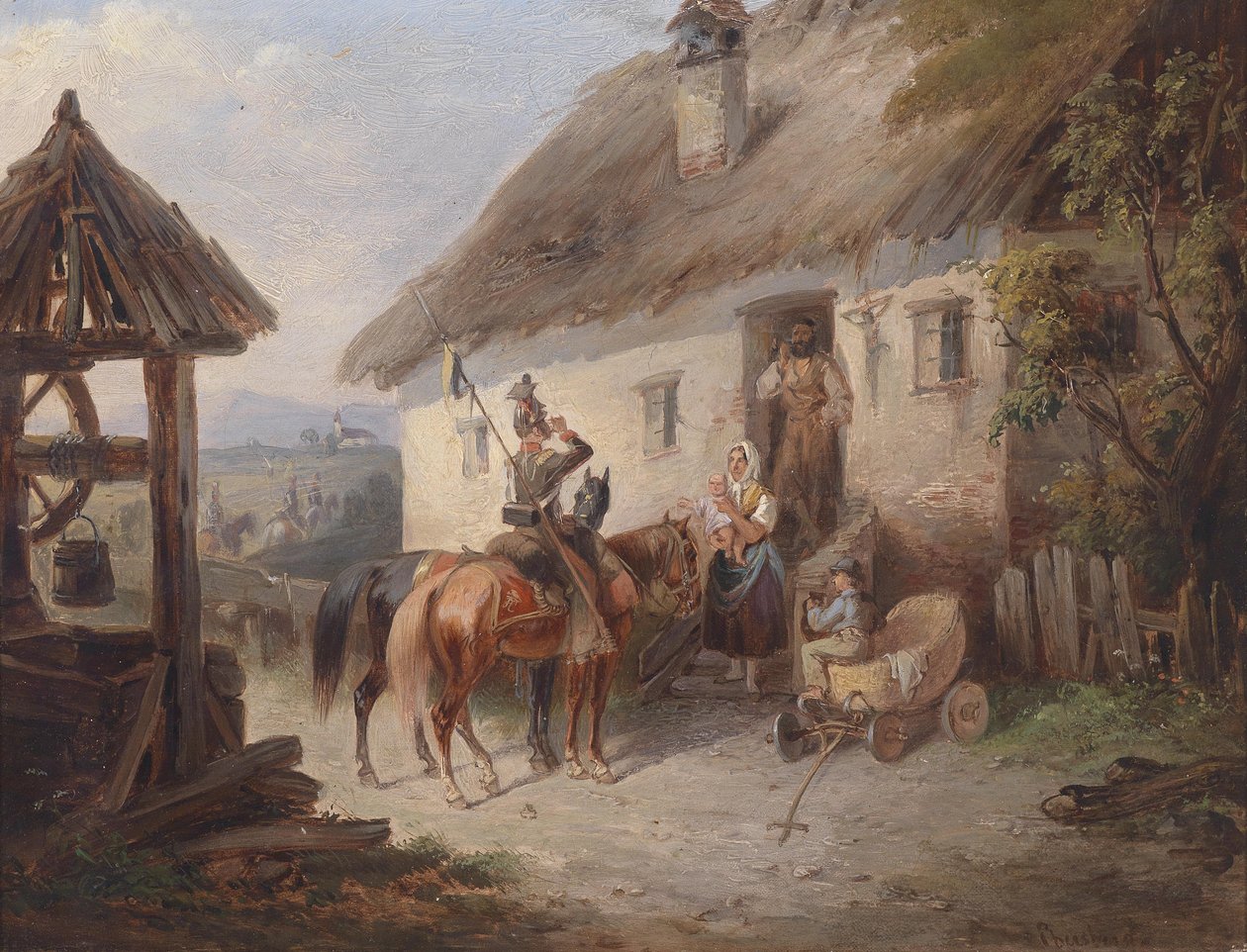 Ussari austriaci davanti a una casa colonica da Carl Martin Ebersberg