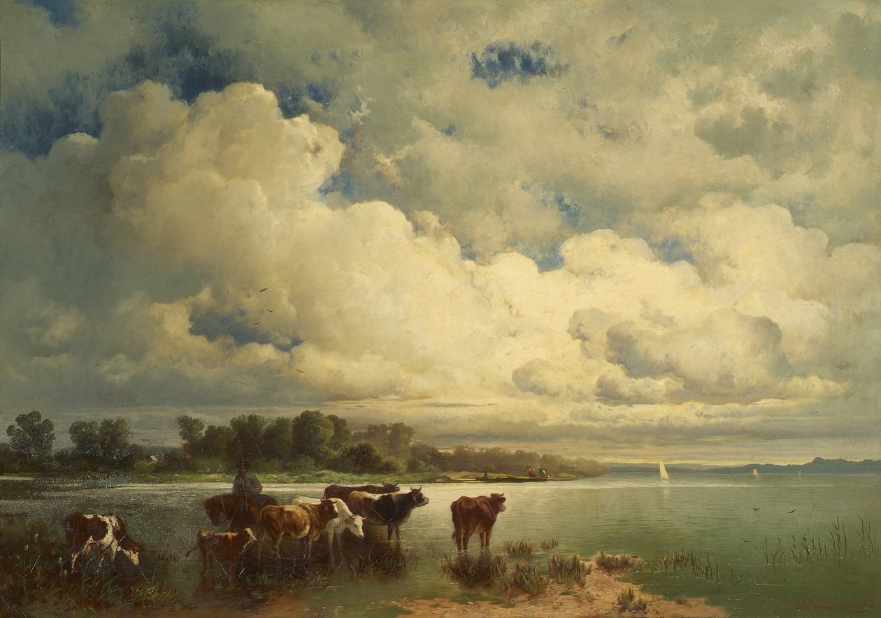 Paesaggio acquatico con mucche da Carl Schweninger d. Ä.