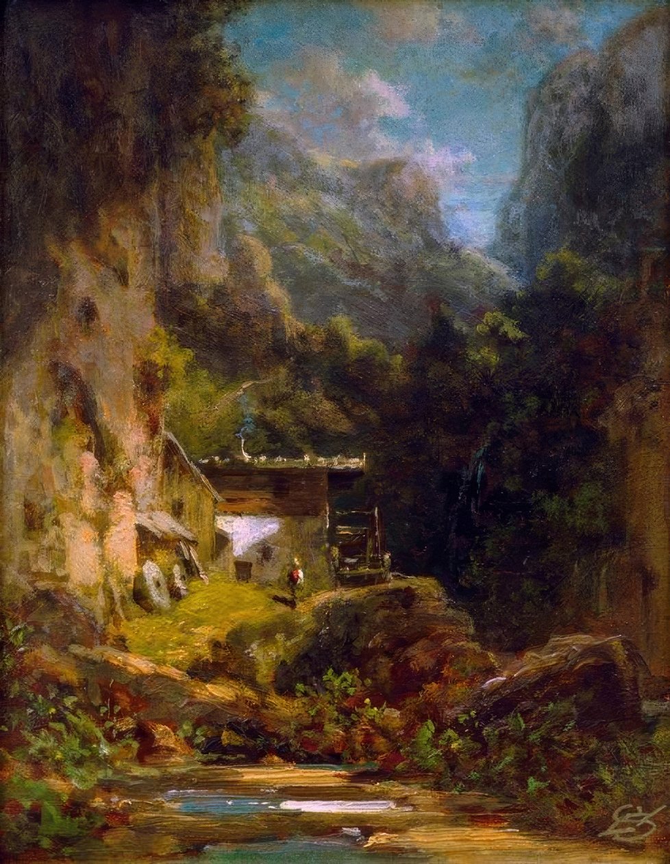 Mulino in una gola boscosa con una figura da Carl Spitzweg