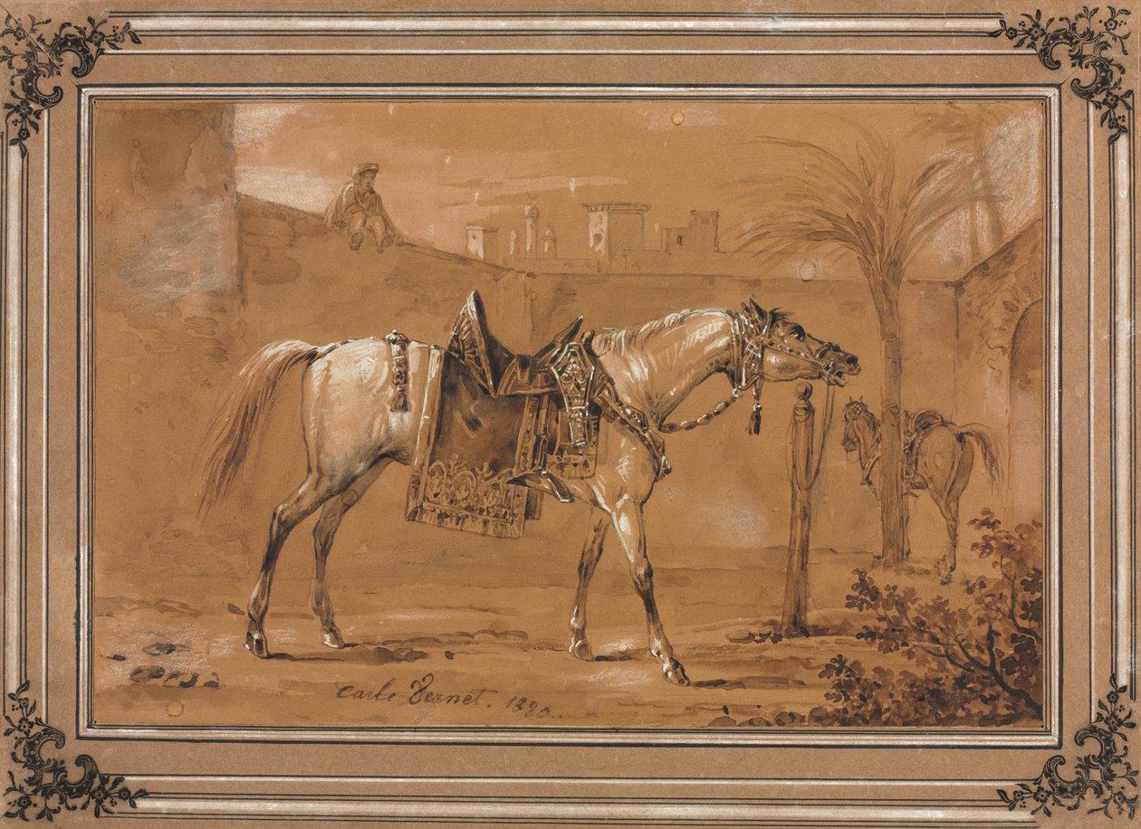 Cavallo arabo sellato nel cortile, 1820 da Carle Vernet
