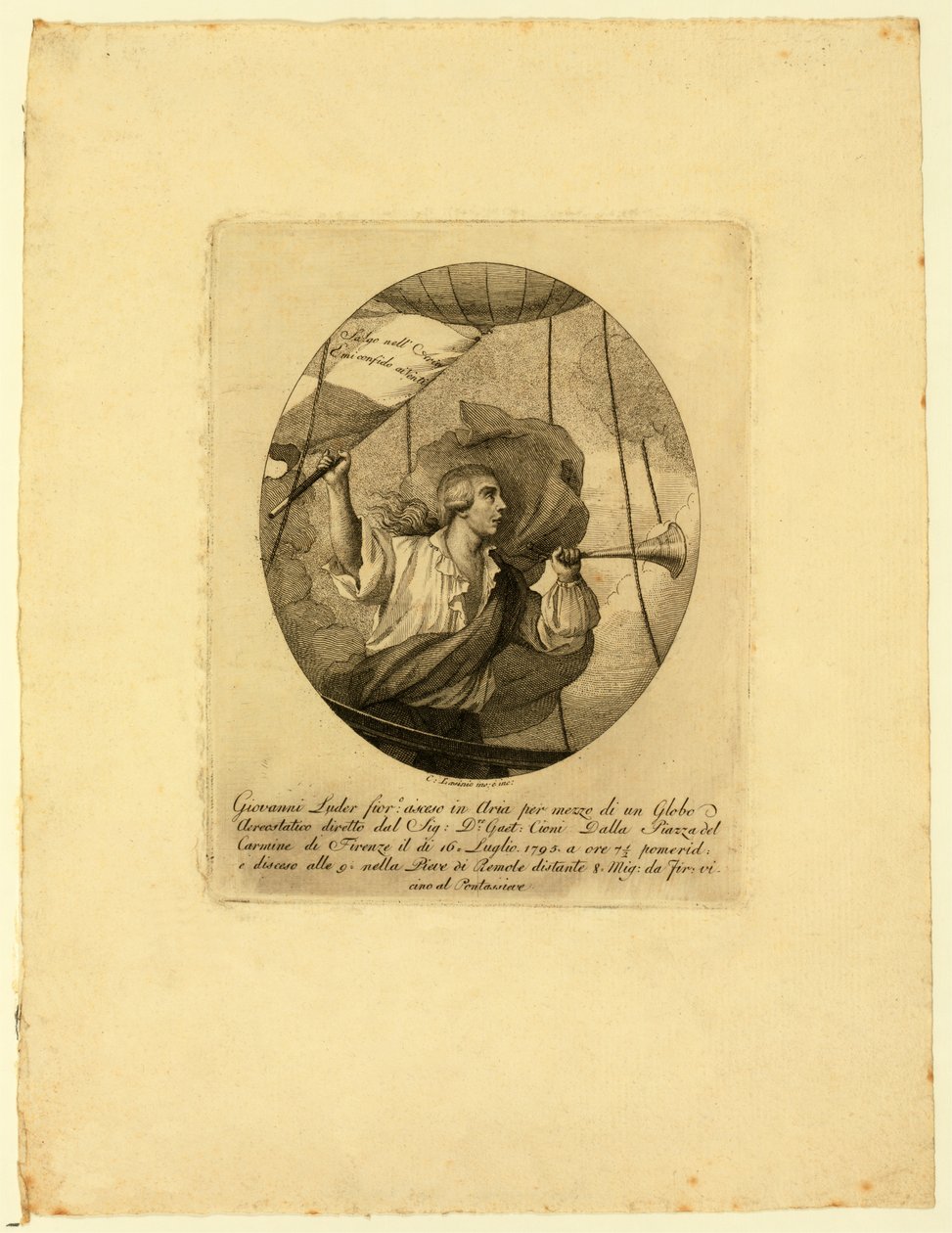 Giovanni Battista Luder, in piedi in un cesto di mongolfiera durante un
