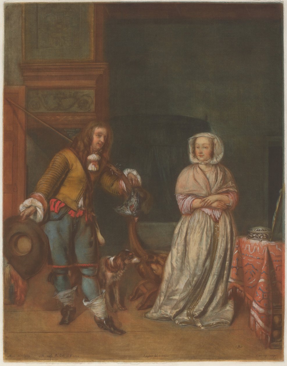 Cacciatore che visita una signora da Carlo Lasinio after Gabriel Metsu