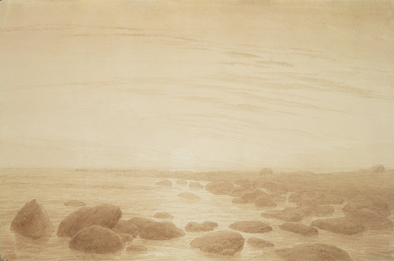 Sorgere della luna sul mare (Tramonto sul mare) (inchiostro seppia e matita su carta) da Caspar David Friedrich