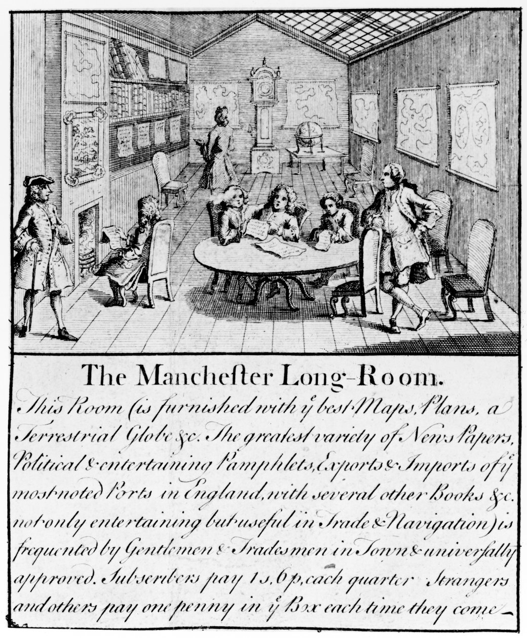 La sala lunga di Manchester, 1751 (dettaglio) da Casson and Berry