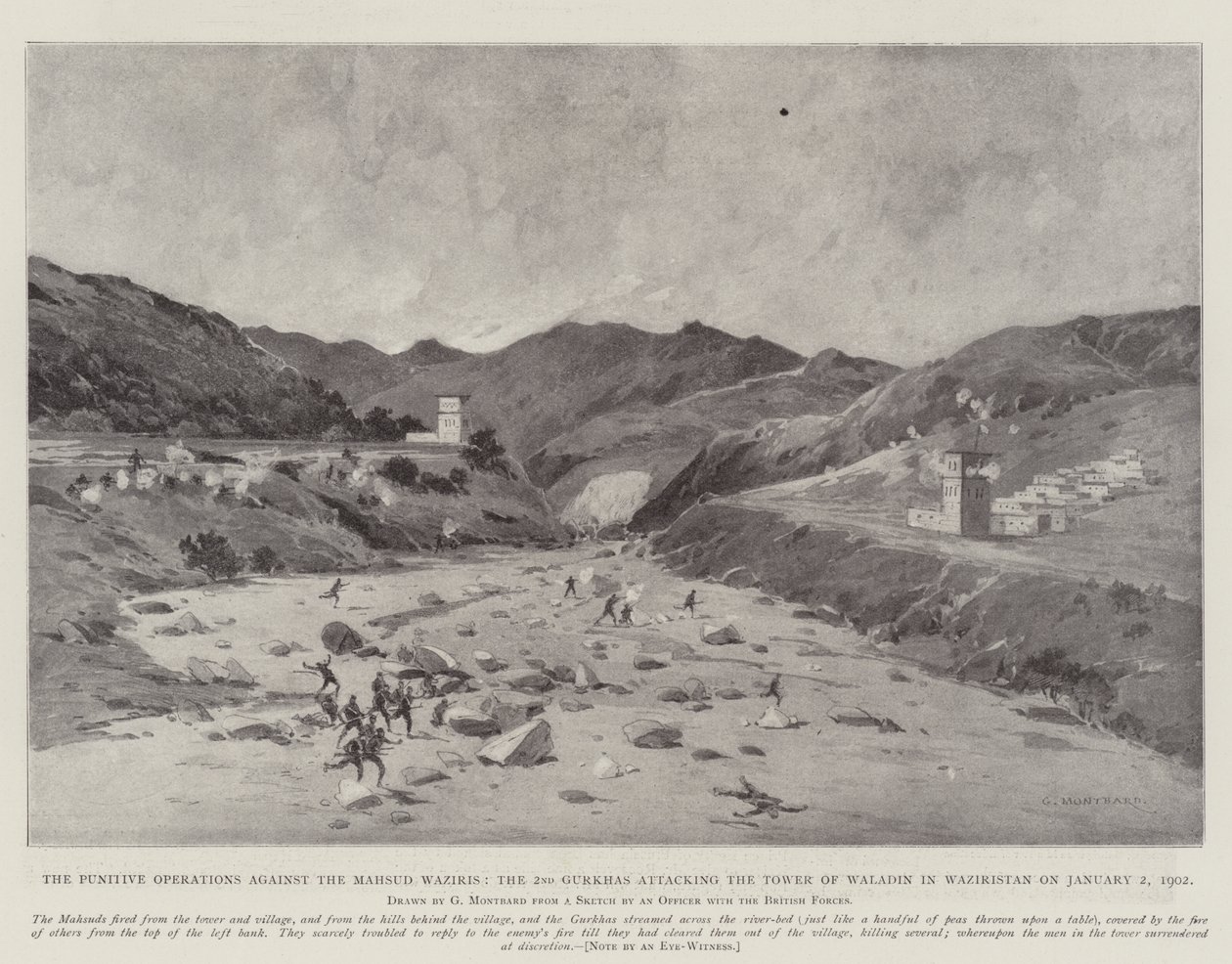 Le operazioni punitive contro i Mahsud Waziris, i 2° Gurkha che attaccano la Torre di Waladin in Waziristan il 2 gennaio 1902 da Charles Auguste Loye