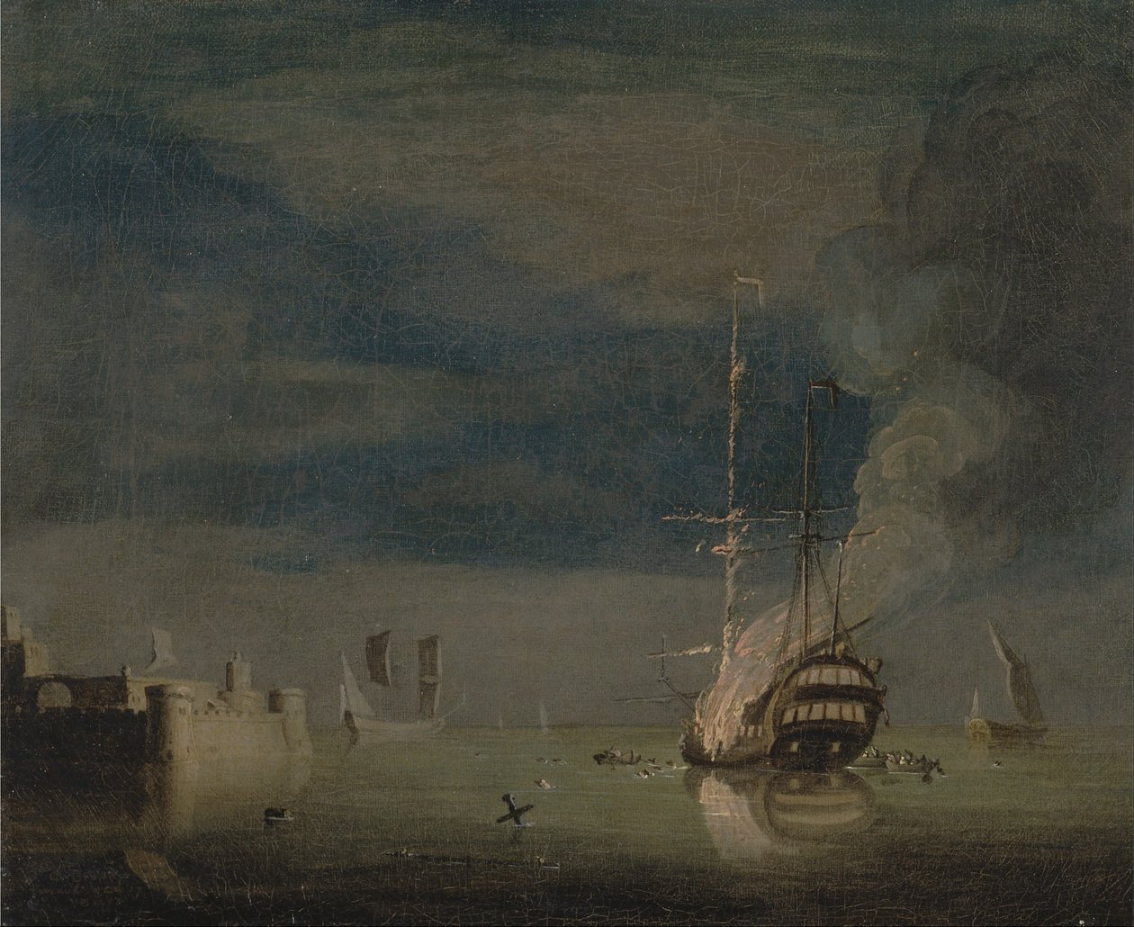 Un due ponti in fiamme di notte vicino a un forte da Charles Brooking
