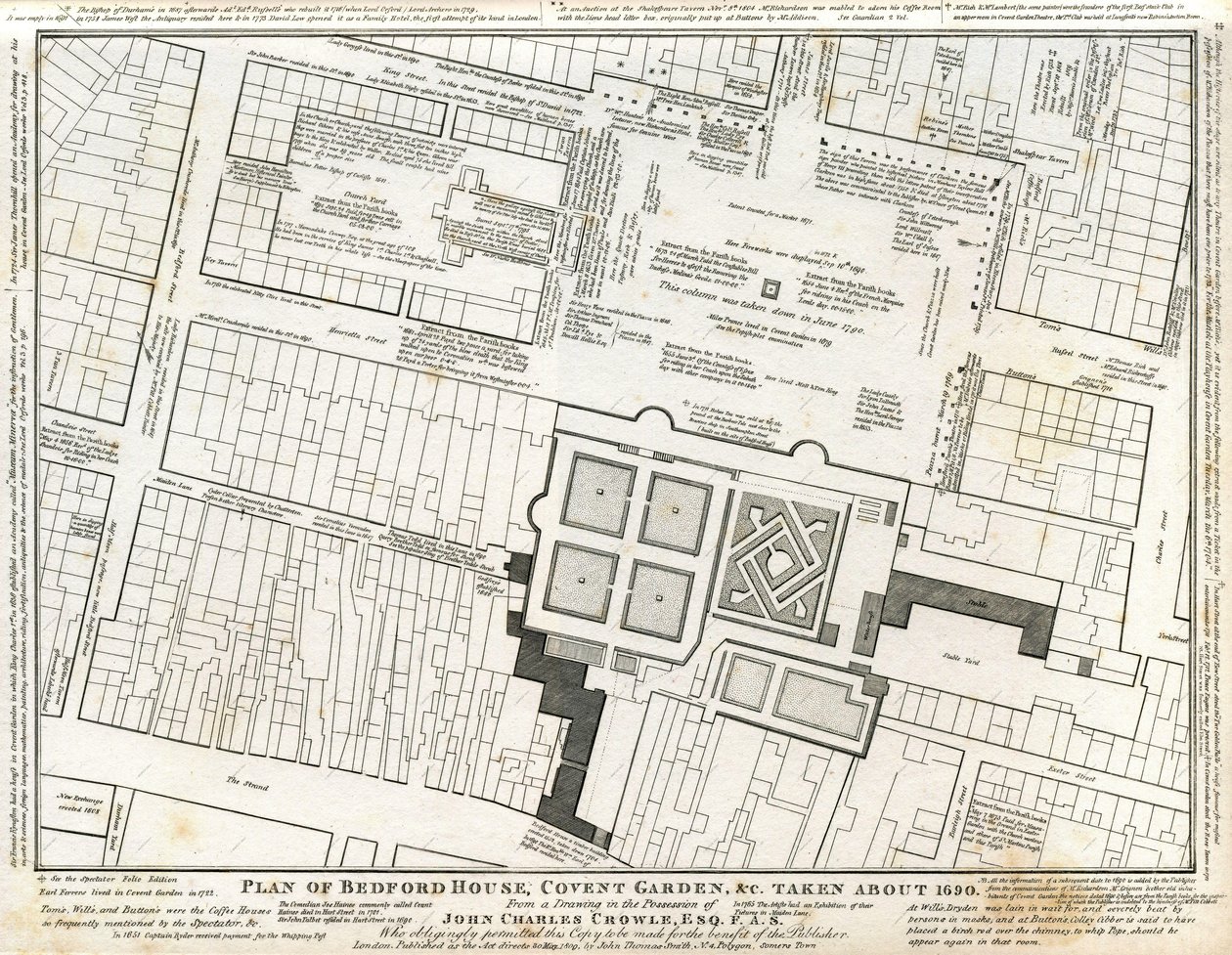 Piano della casa e del giardino di Bedford a Covent Garden disegnato intorno al 1690, con annotazioni successive da Charles John Crowle