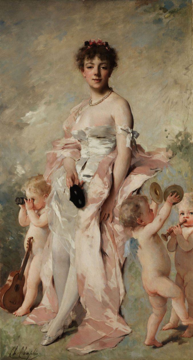 Giovane donna in abito da ballo con putti da Charles Joshua Chaplin