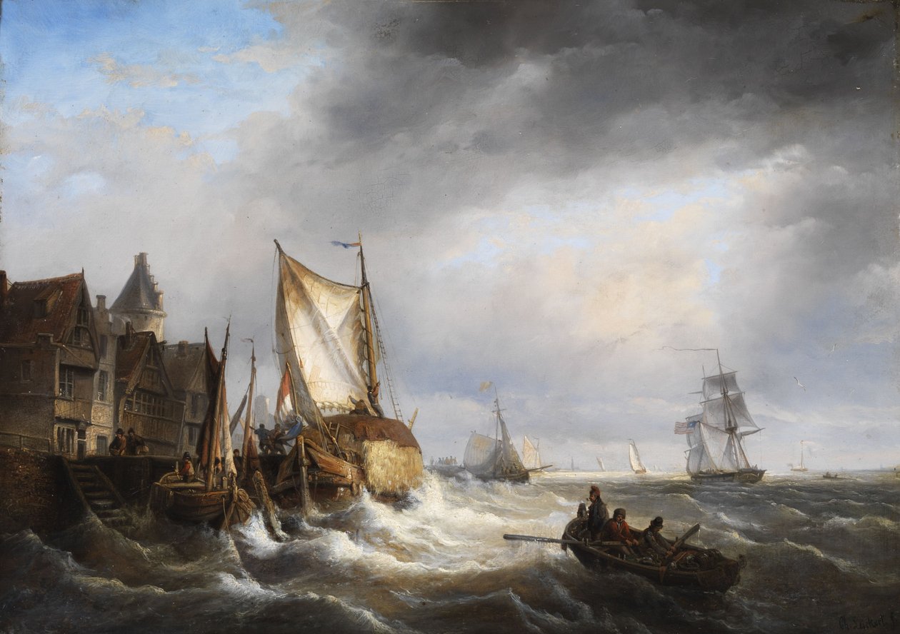 Ingresso del porto con mare tempestoso da Charles Henri Joseph Leickert