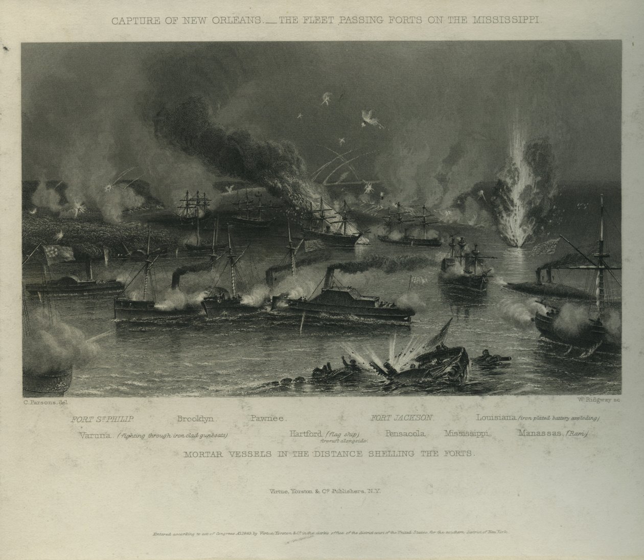 Cattura di New Orleans: La Flotta che Passa i Forti sul Mississippi, c.1862 da Charles Parsons
