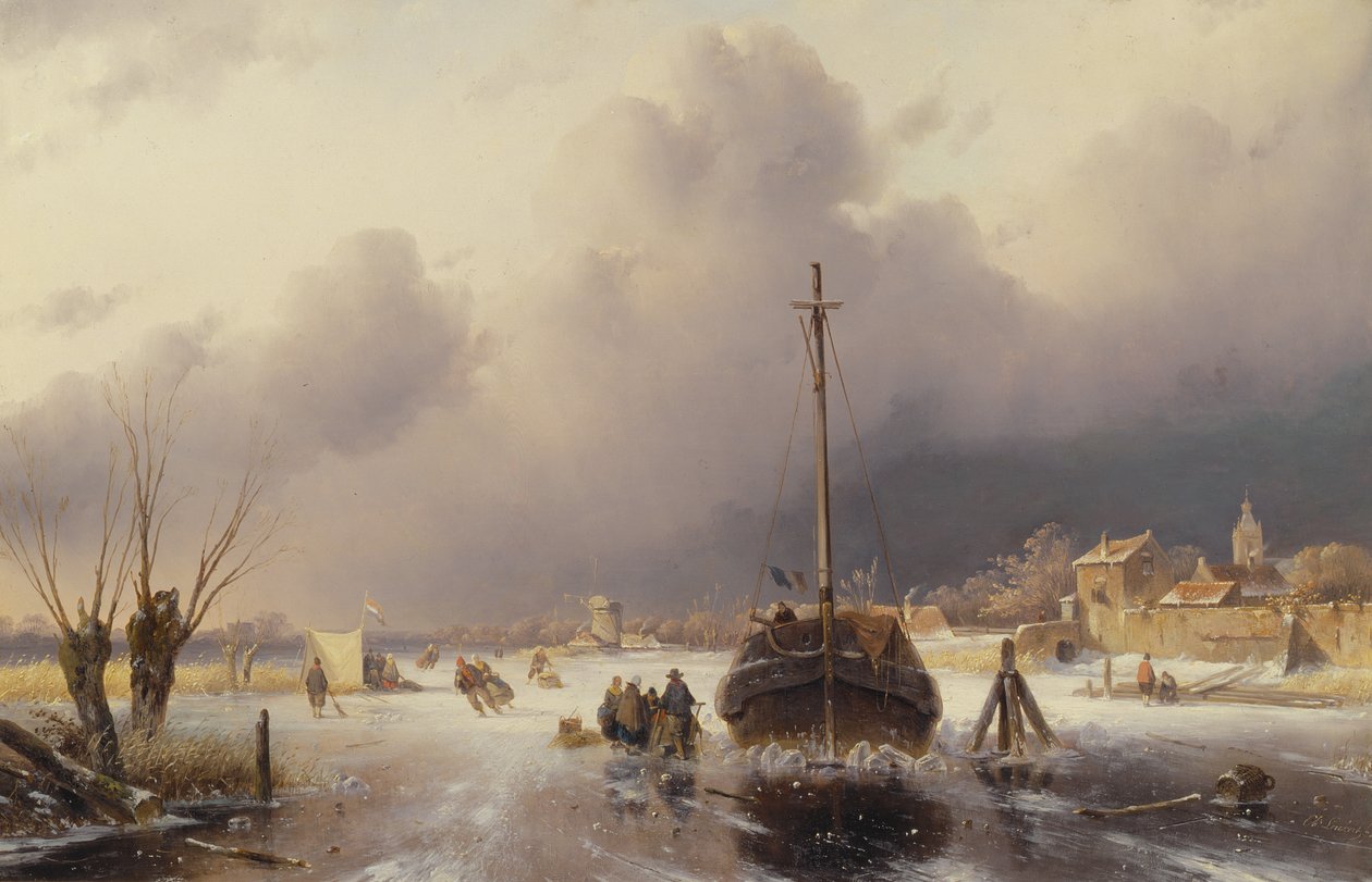 Fiume ghiacciato con una barca, XIX secolo da Charles Henri Joseph Leickert