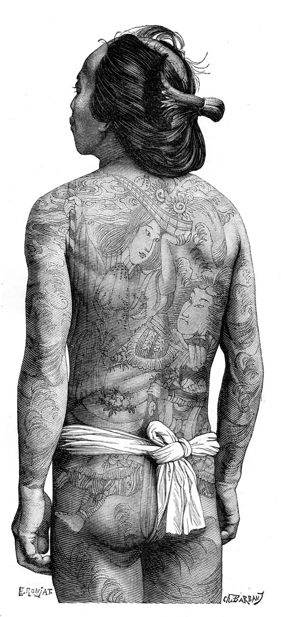 Uomo giapponese con schiena tatuata da Charles Barbant
