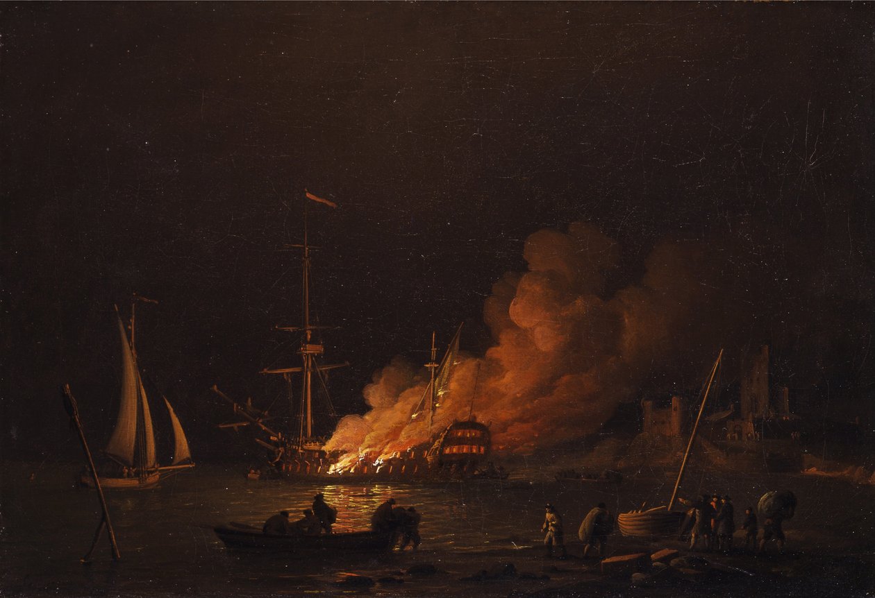 Nave in fiamme di notte da Charles Brooking