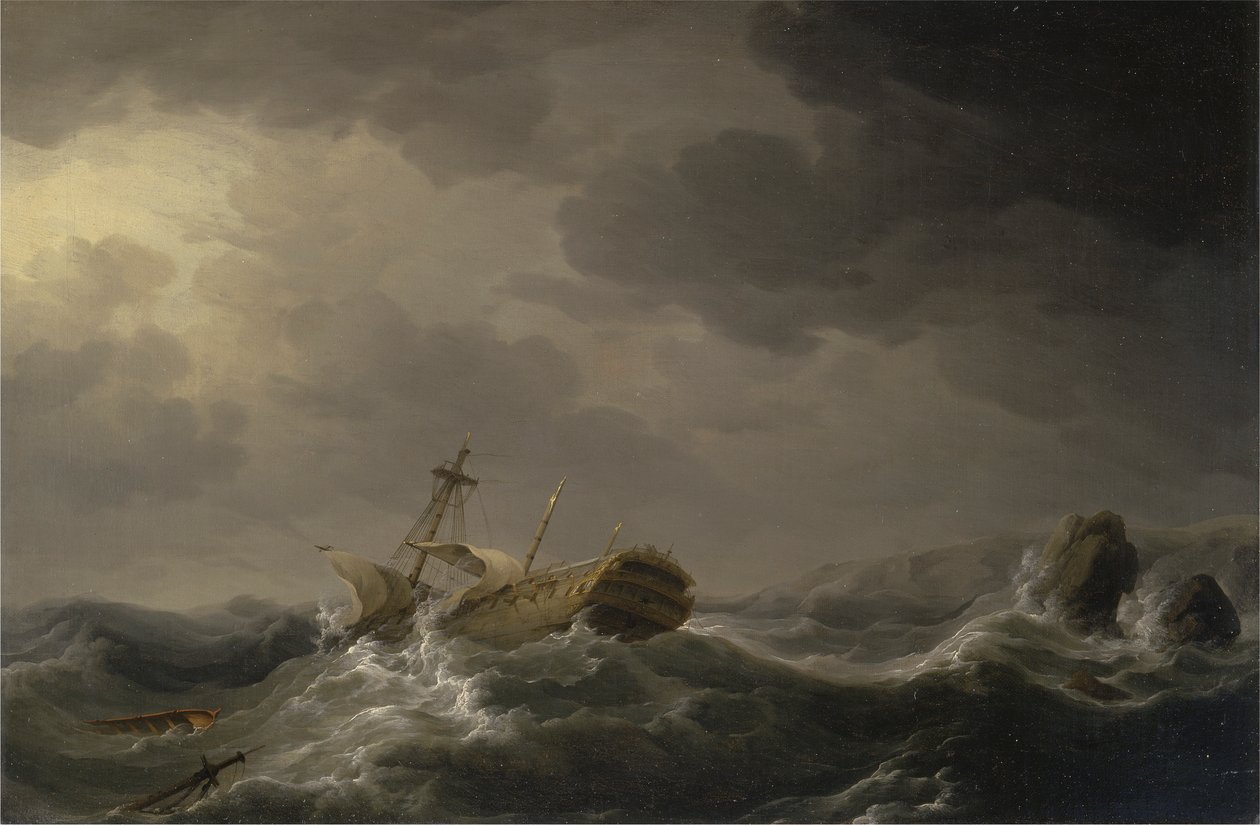 Nave naufragata su una costa rocciosa da Charles Brooking
