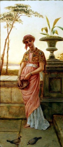 Donna classica che nutre gli uccelli da Charles Frederick Lowcock