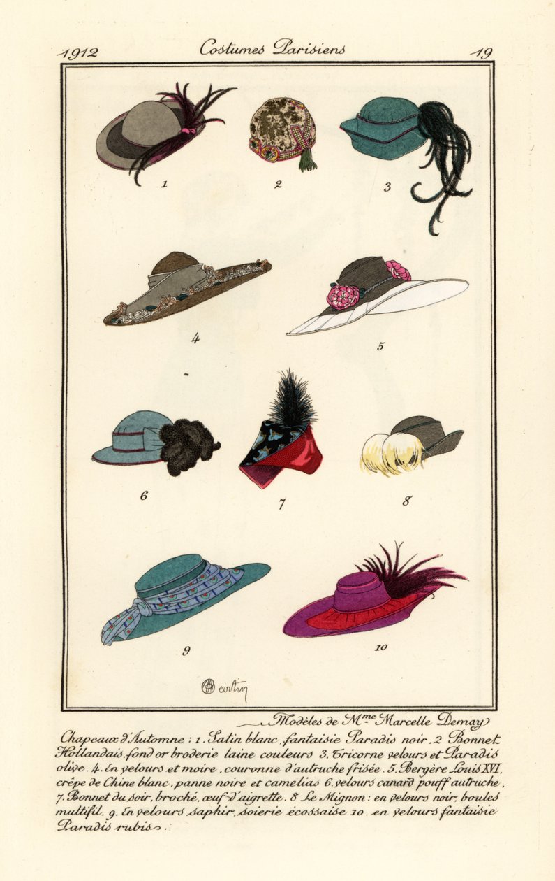 Disegni di cappelli della modista Marcelle Demay da Charles Martin