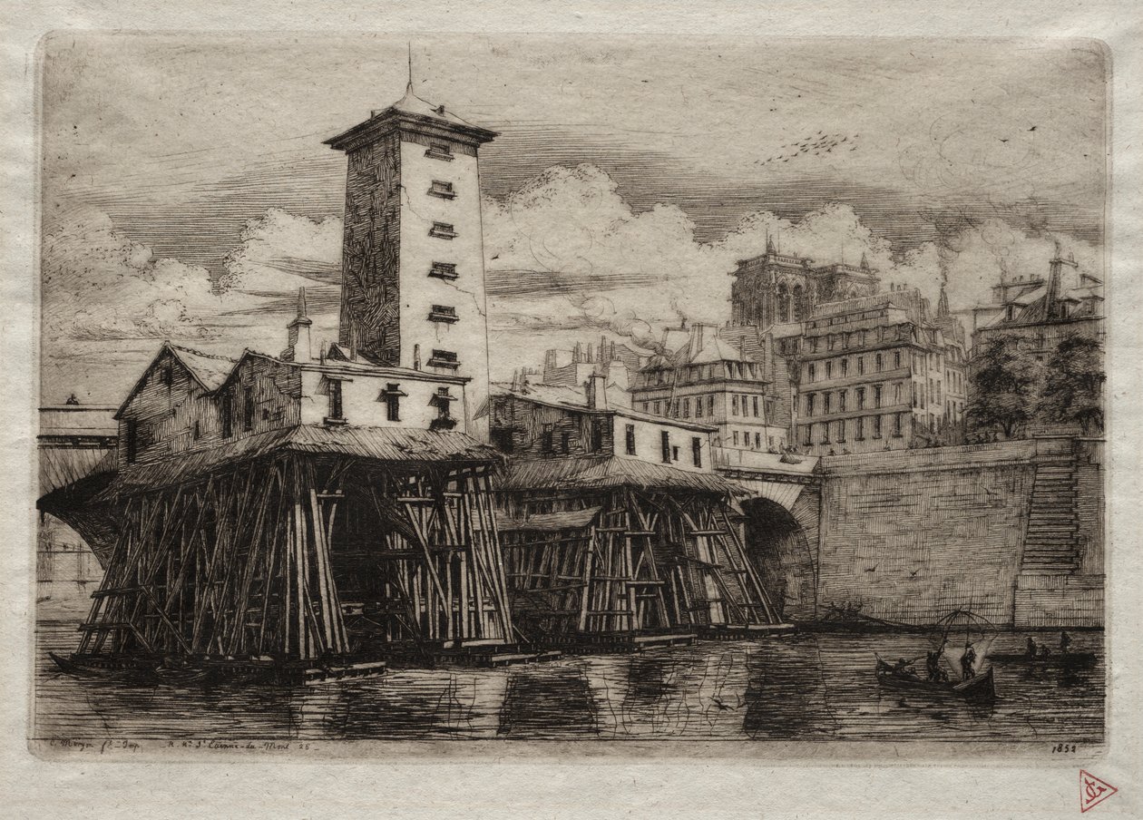 Incisioni di Parigi: La Pompa di Notre Dame da Charles Meryon