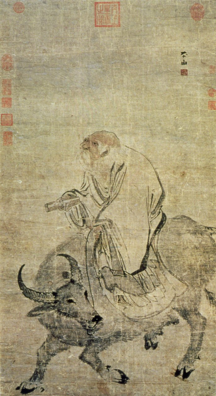 Lao-tzu (c.604-531 a.C.) che cavalca il suo bue, cinese, Dinastia Ming (1368-1644) da Chinese School