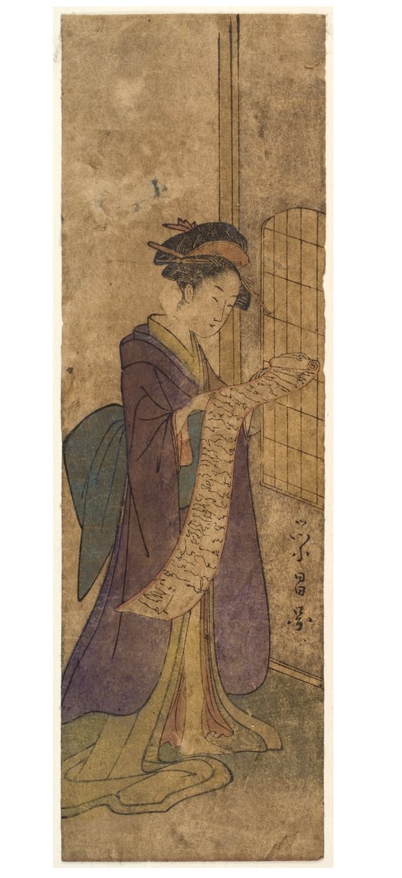 Donna che legge una lunga lettera a rotolo da Chobunsai Eishi