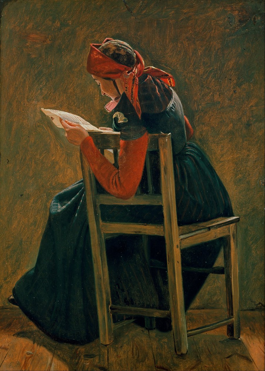 Una giovane ragazza di Salling che legge. Studio. da Christen Dalsgaard