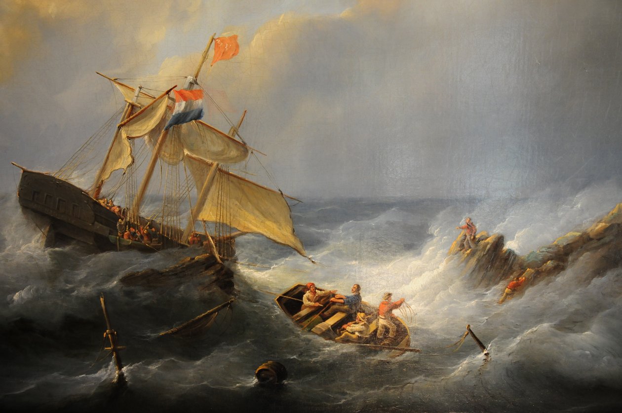 Una nave in difficoltà su una costa rocciosa da Christiaan Cornelis Kannemans