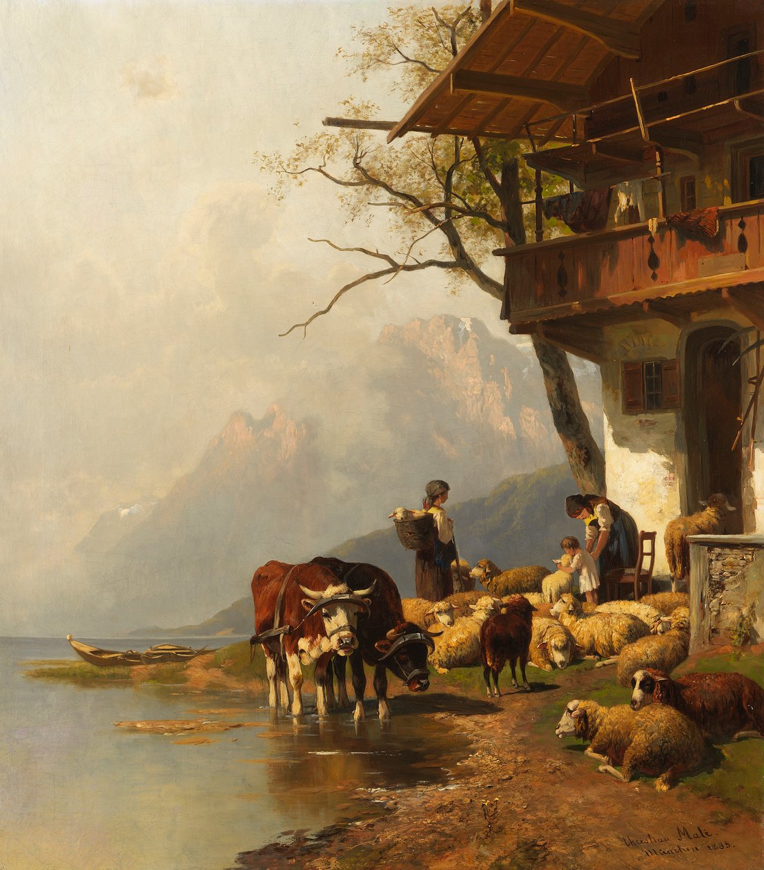 Gregge di pecore a riposo davanti alla casa sul lago di montagna da Christian Mali