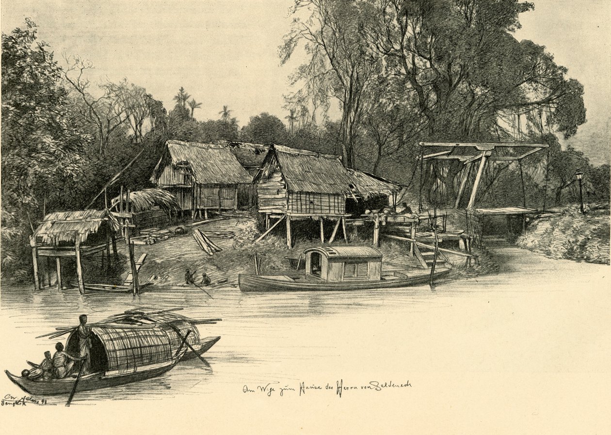 Case su palafitte, Bangkok, Siam, 1898 da Christian Wilhelm Allers
