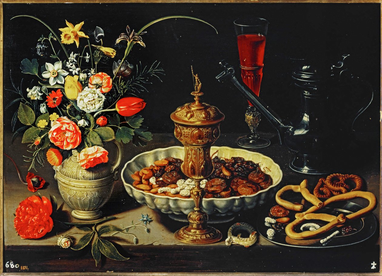 Tavolo con brocca, fiori, frutta secca ... da Clara Peeters
