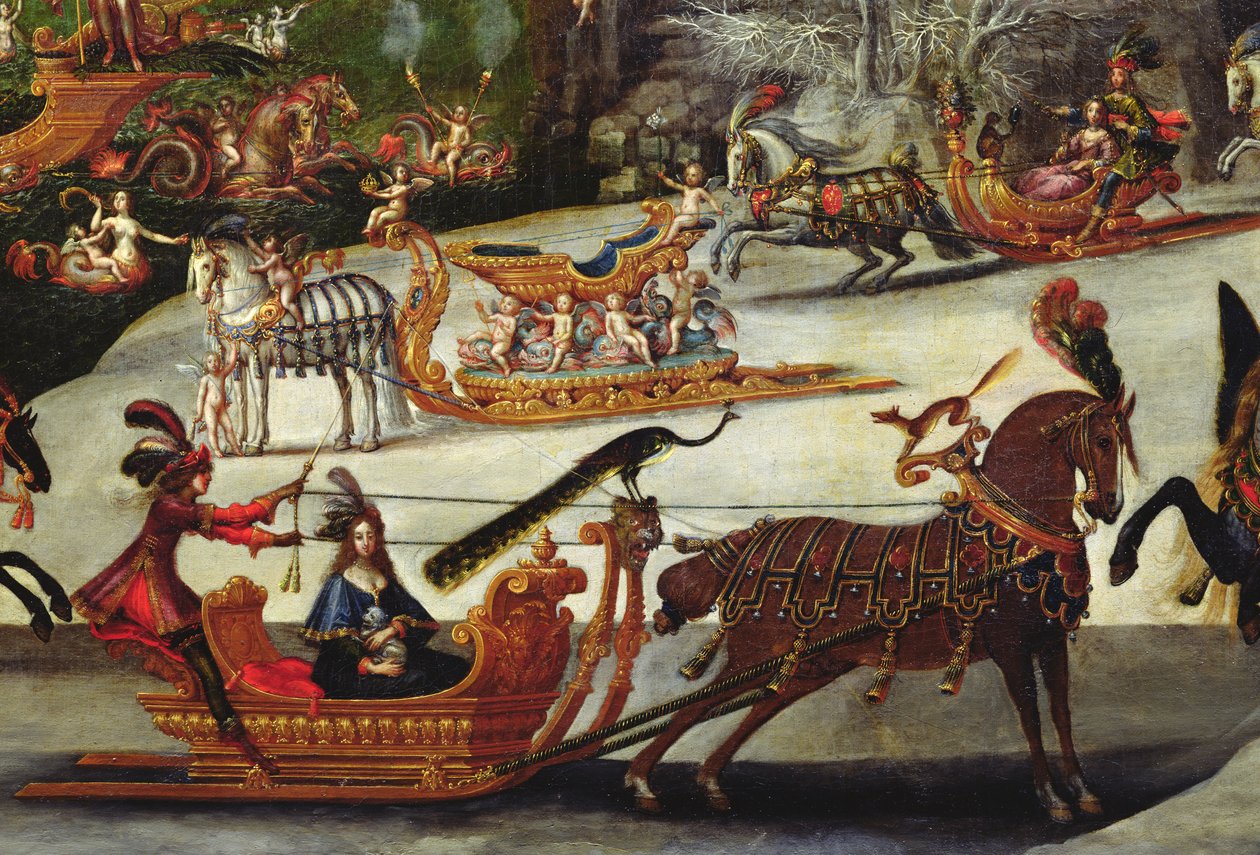 Acqua, dettaglio di un pavone appollaiato su una slitta, c.1640-41 (dettaglio) da Claude Deruet