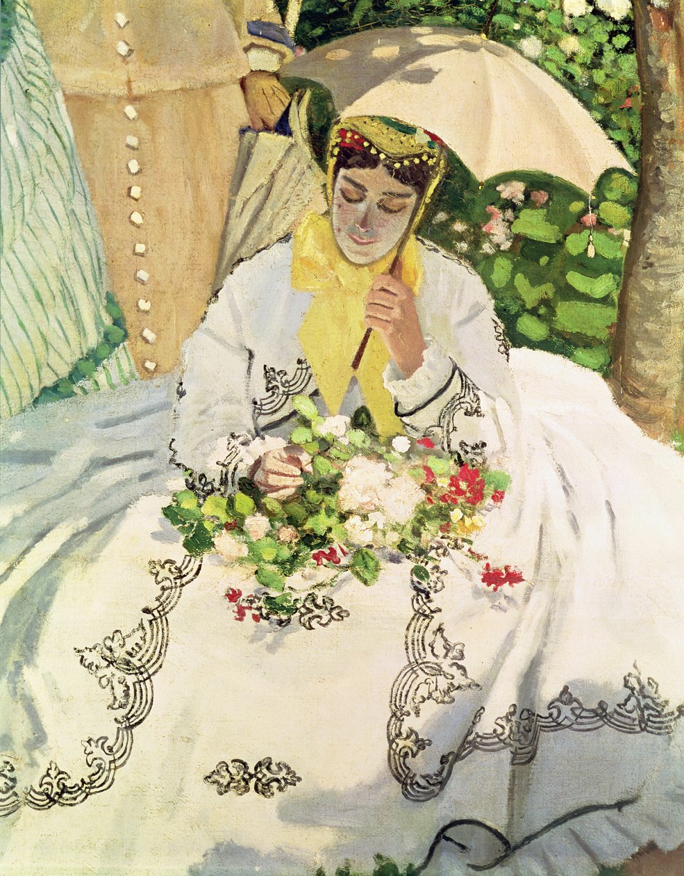 (dettaglio) Giovane donna seduta con un parasole in Donne in giardino da Claude Monet